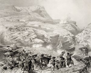 Paso de Soulak en Akhati, Daguestán, lámina 61 de un libro sobre el Cáucaso, grabado por Eugene Ciceri y Adolphe Jean-Baptiste Bayot, publicado por Alfred Leon Lemercier, París, 1847